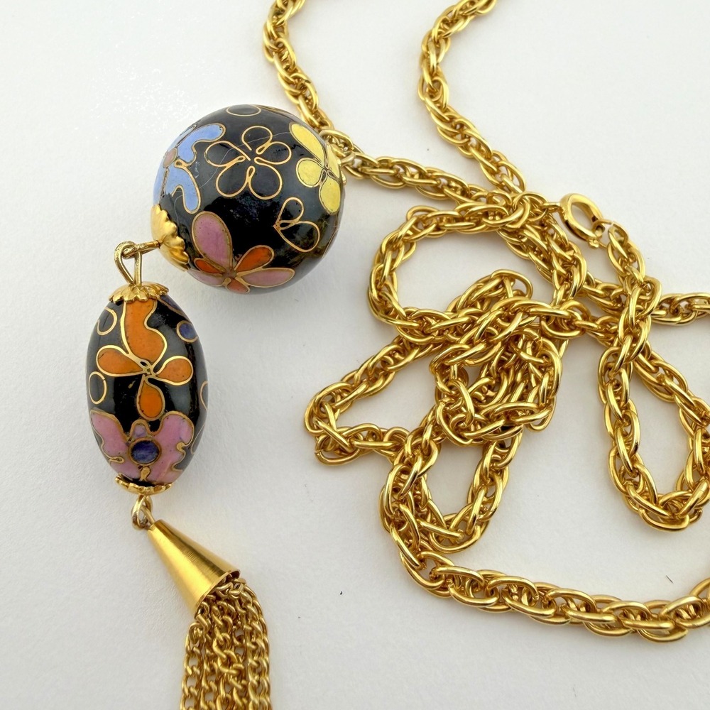 Vintage Cloisonne Enamel Floral Bead Tassel Necklace Long Gold Tone Chain‎ 26" - Picture 4 of 10